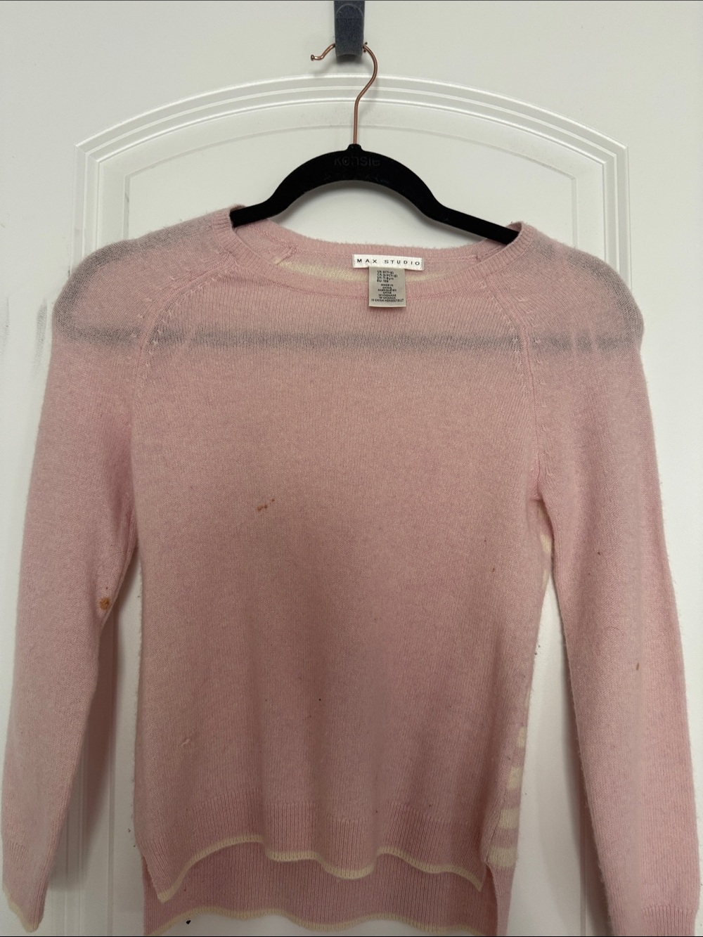 Max Studio Pale Pink Crewneck Sweater with Cream Trim